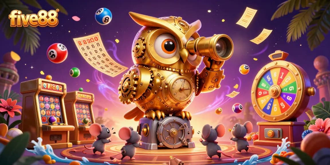Experience the excitement of five88 with a lively casino scene featuring a clockwork owl and games.