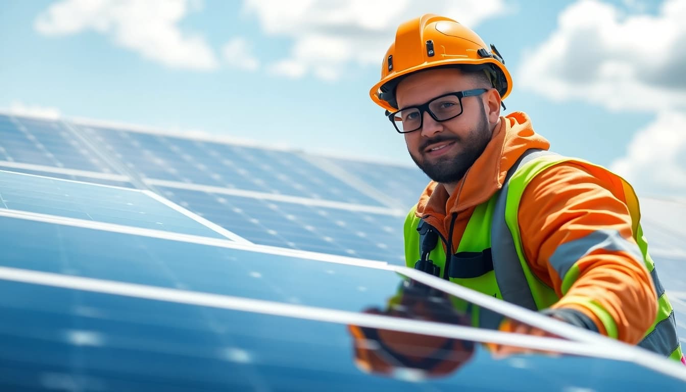 Technician performing solar panel repair near me on rooftop, enhancing energy efficiency.