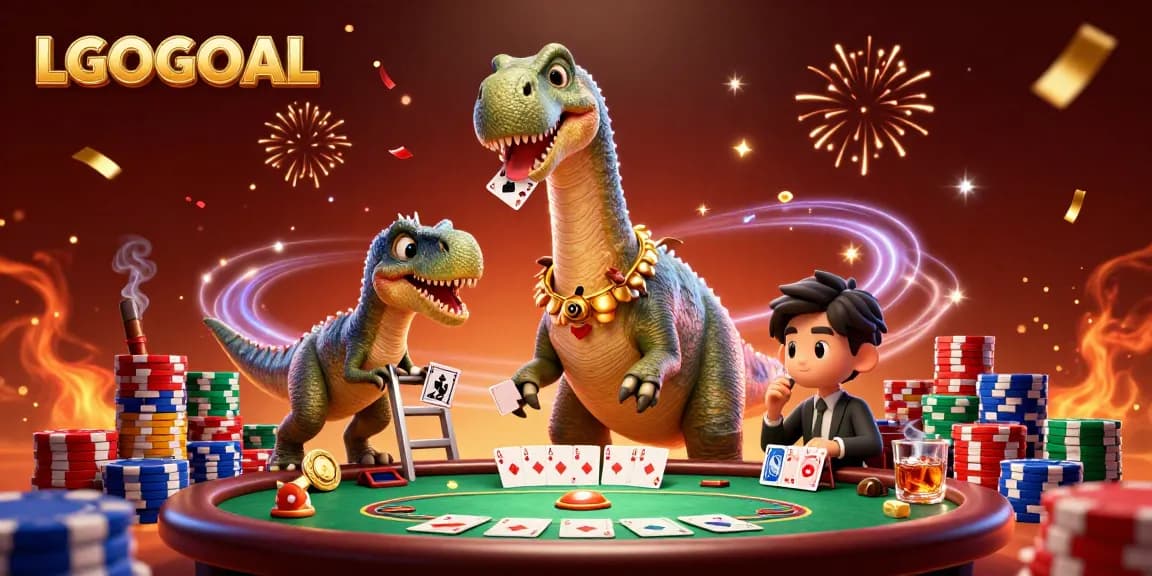 Experience thrilling gameplay at LGOGOAL with a colorful poker scene featuring animated dinosaurs.