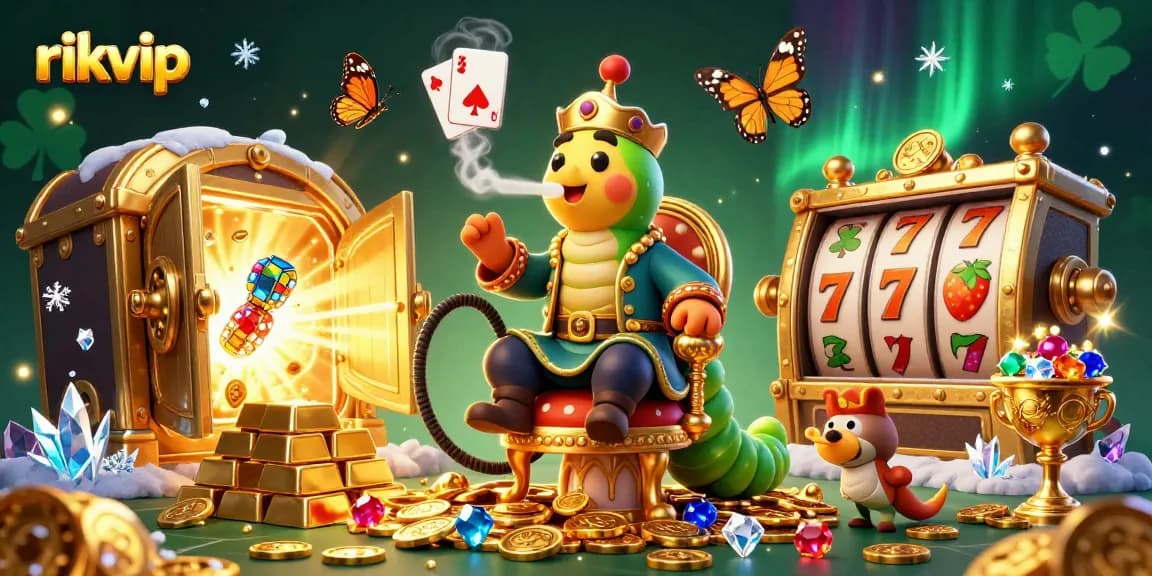 Engage with rikvip's thrilling casino atmosphere illustrated by a vibrant caterpillar hookah-master and treasure galore.