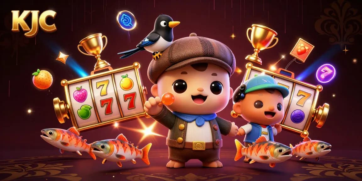 KJC engages players with colorful slot reels and lively characters in an energetic casino scene.