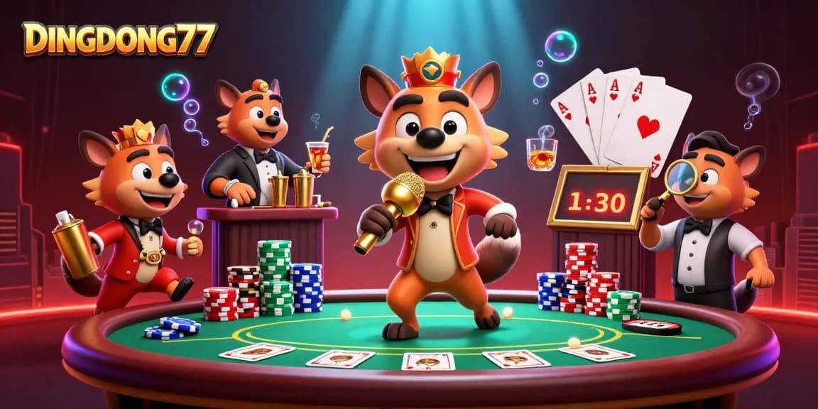 DINGDONG77 ignites laughter with funny hyenas in a vibrant casino scene filled with poker chips and games.