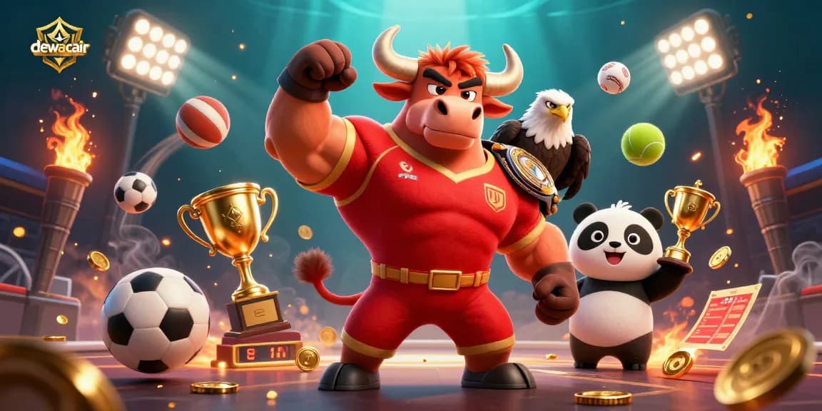Dewacair's exciting casino experience features a bull mascot, eagle champion, and panda trophy in dynamic gameplay.