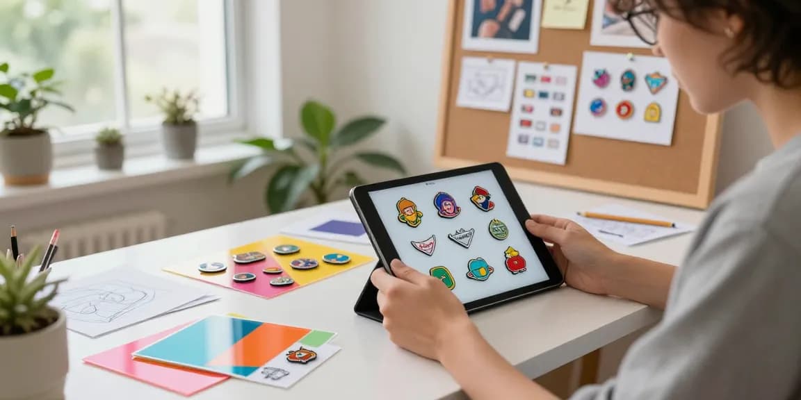Custom acrylic pins being designed in a modern creative workspace.