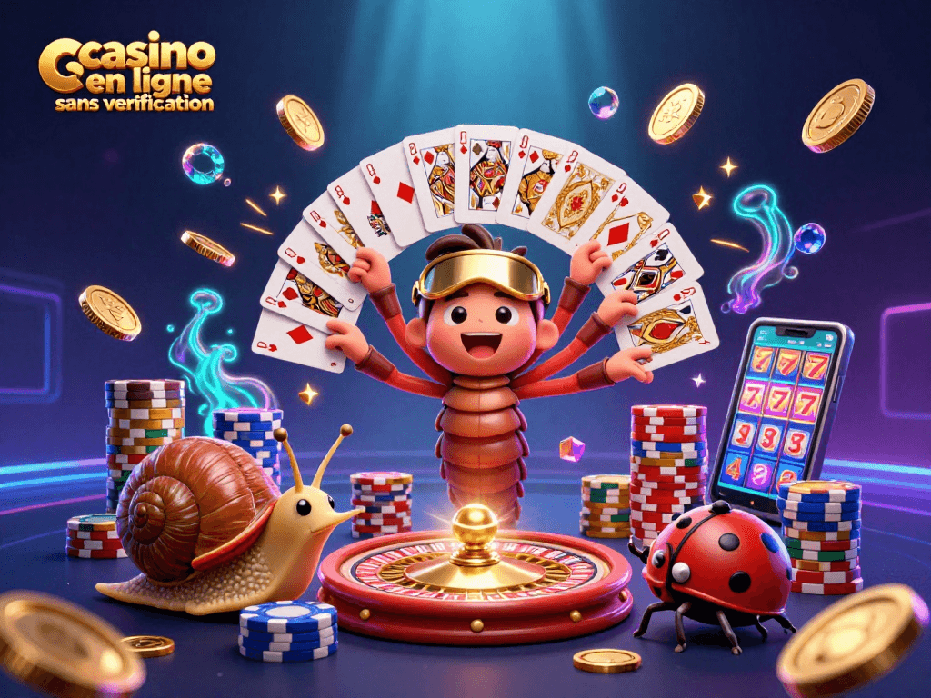 Profitez d'une expérience immersive au casino en ligne sans vérification avec une illustration dynamique pleine de jeux et de gains.