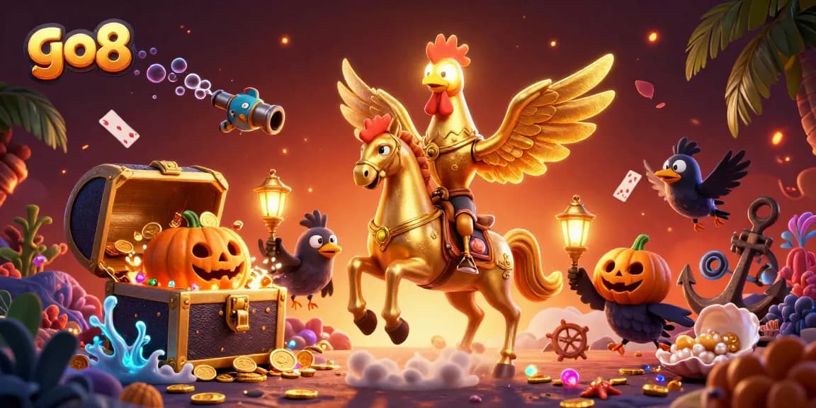 Experience winning excitement at go8 with vibrant casino elements featuring golden rooster and treasure
