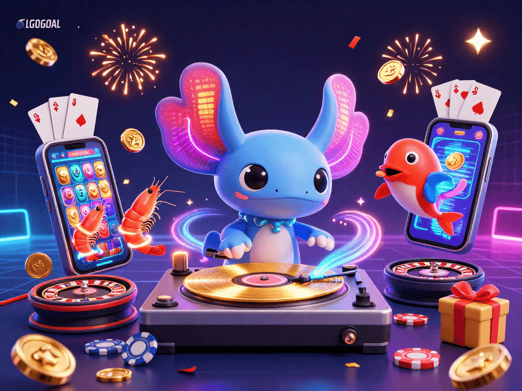Engage in thrilling gameplay with LGOGOAL’s vibrant casino experience featuring cartoon characters celebrating with slot games.