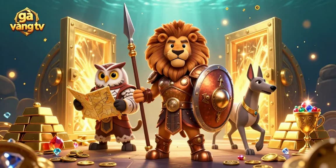 Experience the excitement of gà vàng tv with a dynamic scene featuring a Spartan lion, owl strategist, and messenger amidst a gold-filled spectacle.