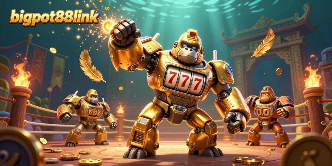 Experience the excitement of bigpot88link with an epic 3D illustration of a golden gorilla mech in a casino setting.