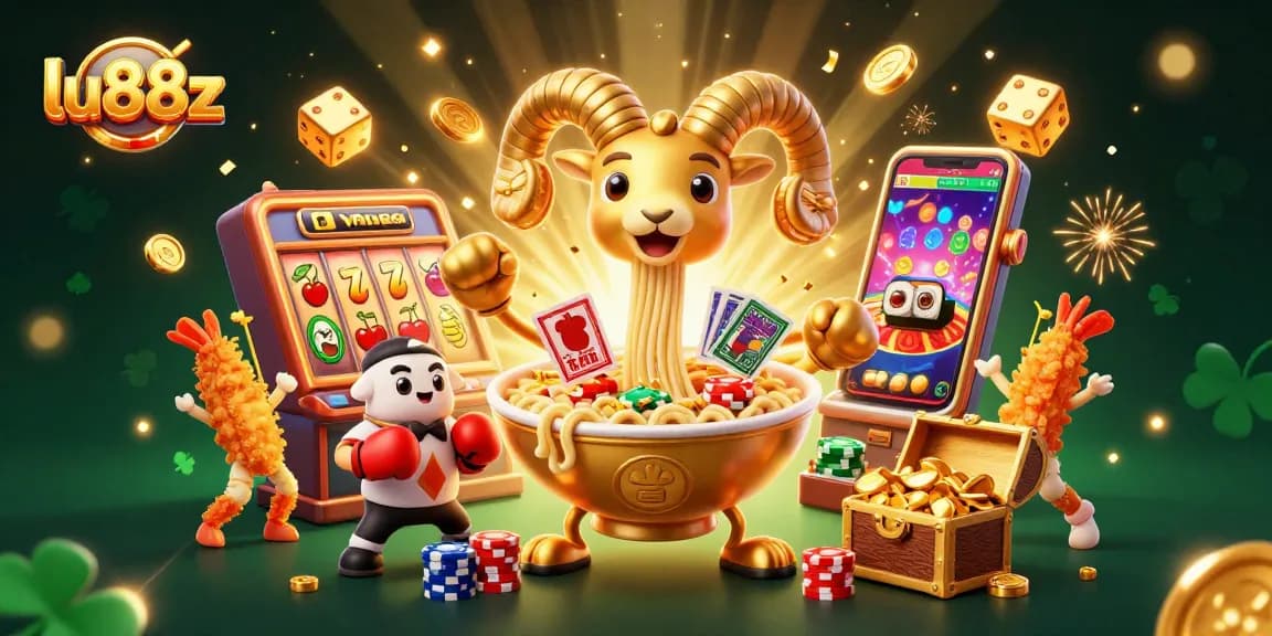 Engage in thrilling games with lu88z featuring a giant ramen bowl character and a colorful casino scene.