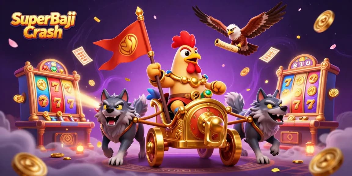 Engage in SuperBaji Crash with dynamic 3D casino elements surrounding a rooster warlord.
