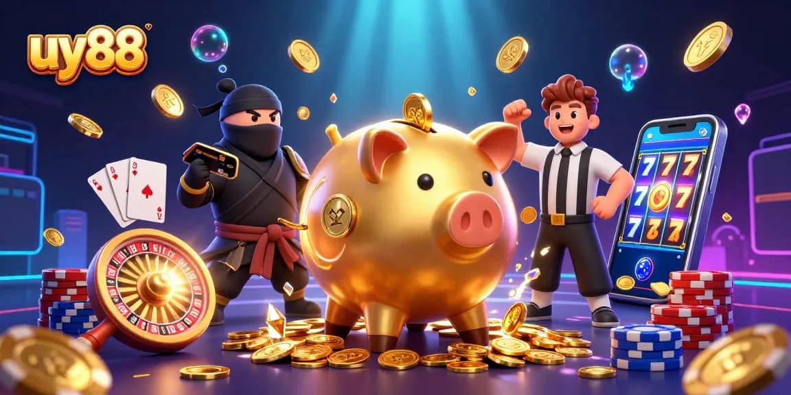 uy88 showcases a lively casino scene with a golden piggy bank sumo wrestler amidst flying coins and vibrant game elements.