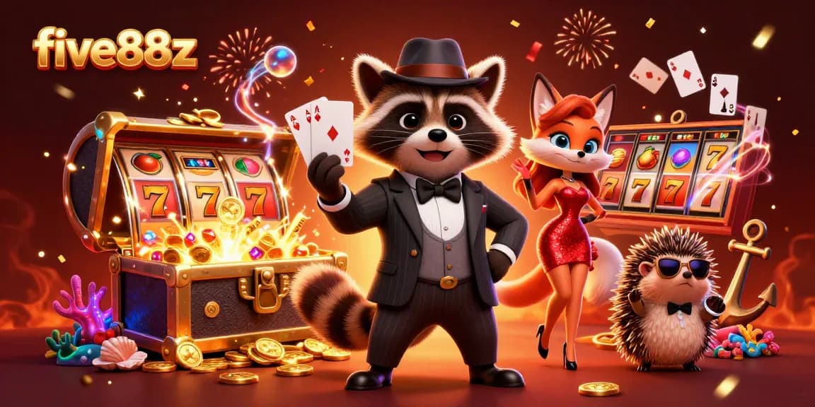 Experience exciting wins with five88z at a lively 3D casino scene featuring vibrant characters and game elements.
