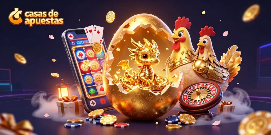 Apuesta en las mejores casas de apuestas mientras un dragón dorado emerge de un huevo, rodeado de fichas de casino.