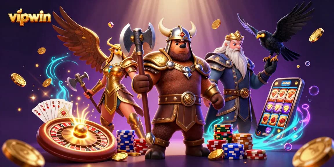 Experience the thrill of vipwin with a powerful Viking berserker and Valkyrie eagle amidst cascading coins and vibrant casino elements.