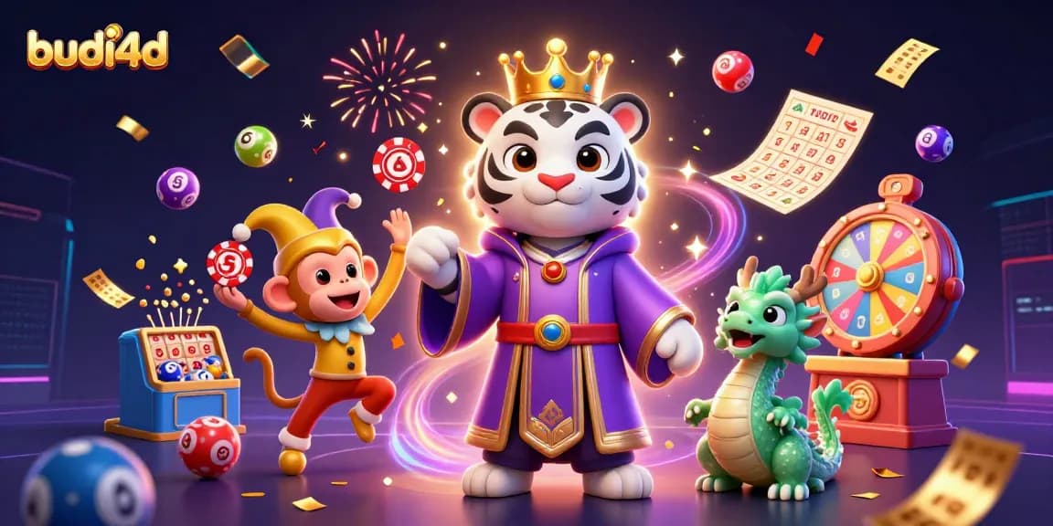 Experience fun with budi4d while playing a dynamic lottery scene with vibrant characters and celebration.