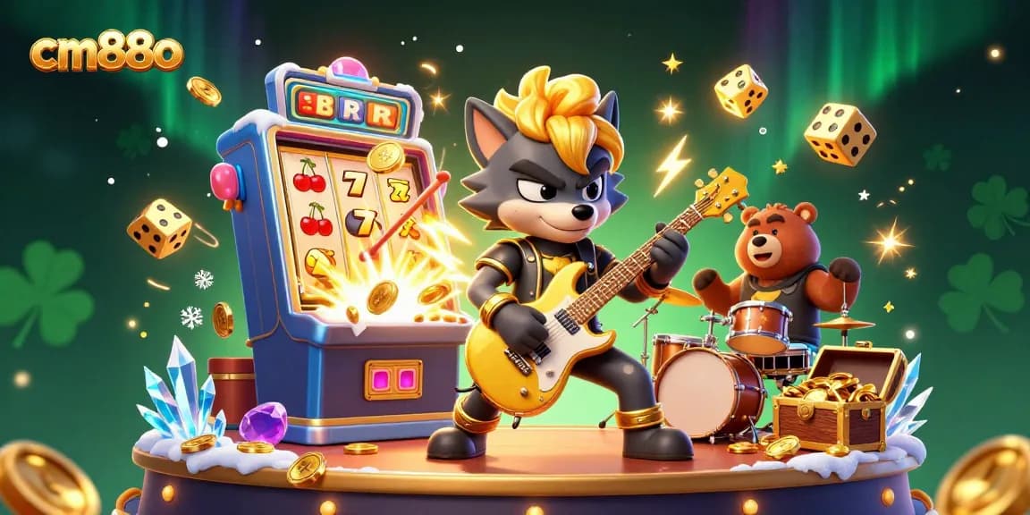 cm88o showcases an electrifying 3D scene with a rock star wolf shredding guitar amidst a slot machine jackpot.