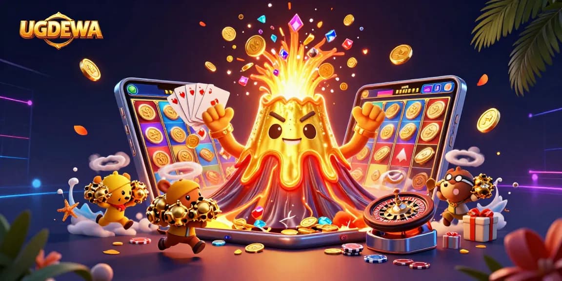 UGDEWA showcases a vibrant gaming scene with a golden volcano erupting treasures and dynamic slot elements.