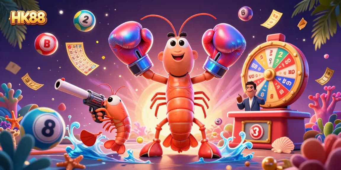 Experience the thrill of HK88 with dynamic lottery-themed characters and gaming elements.