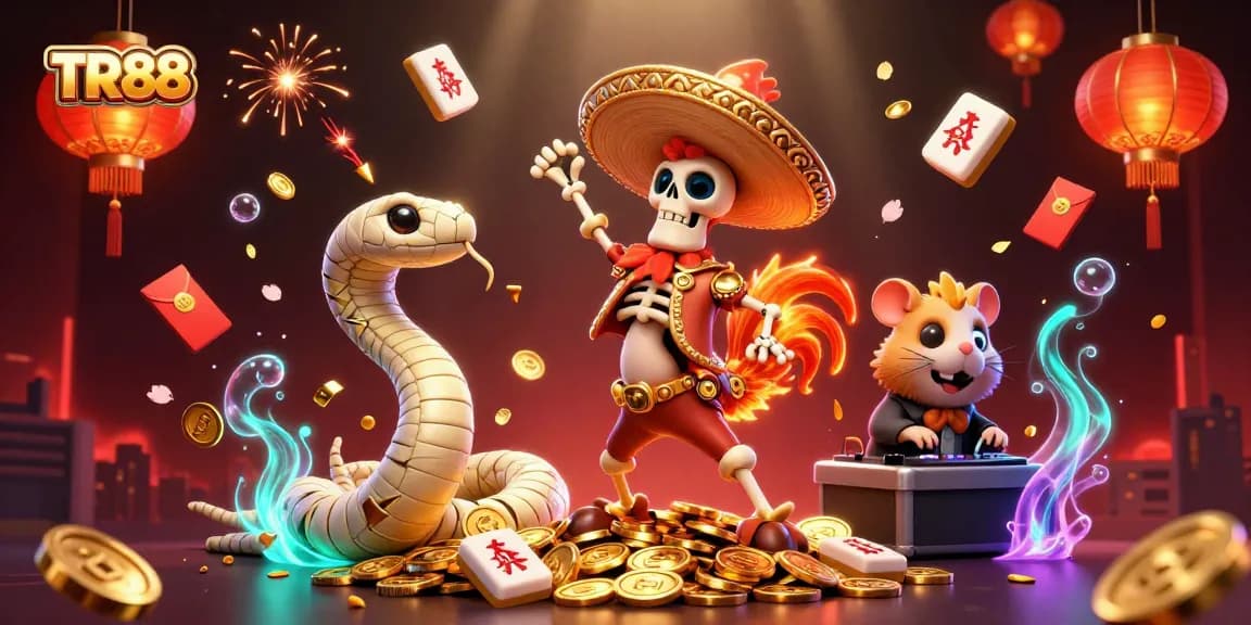 Engage with TR88's vibrant casino scene featuring a dancing mariachi rooster surrounded by exciting game elements.