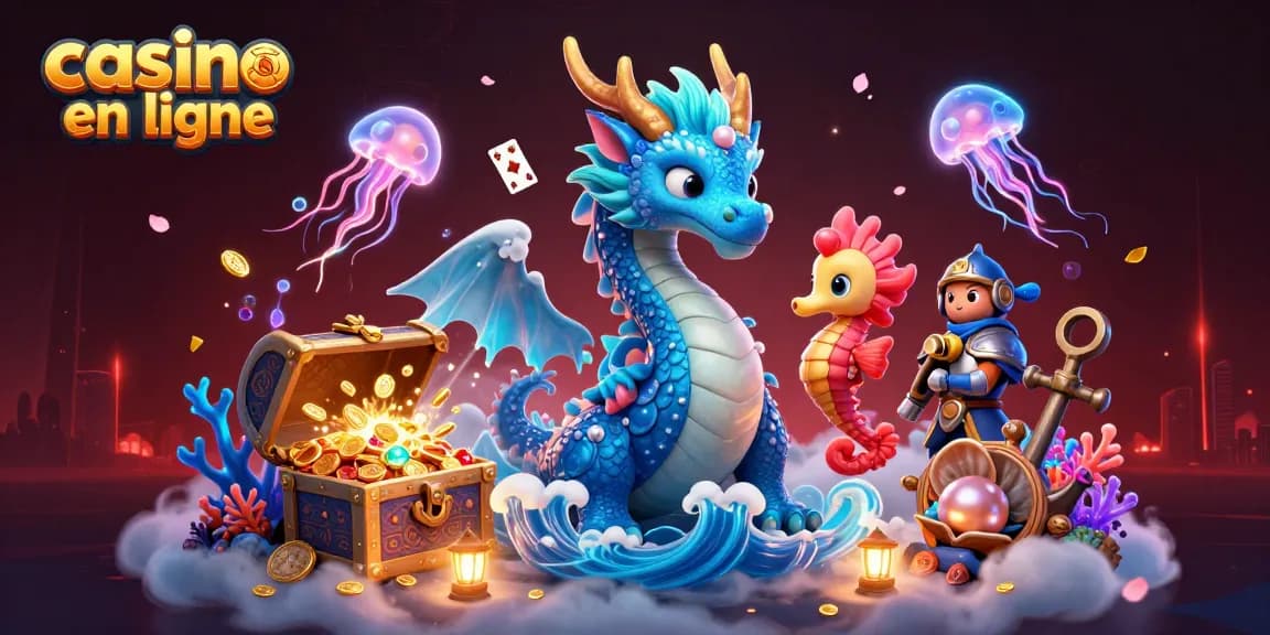 Les joueurs de casino en ligne explorent un dragon azur et des trésors sous-marins lumineux.