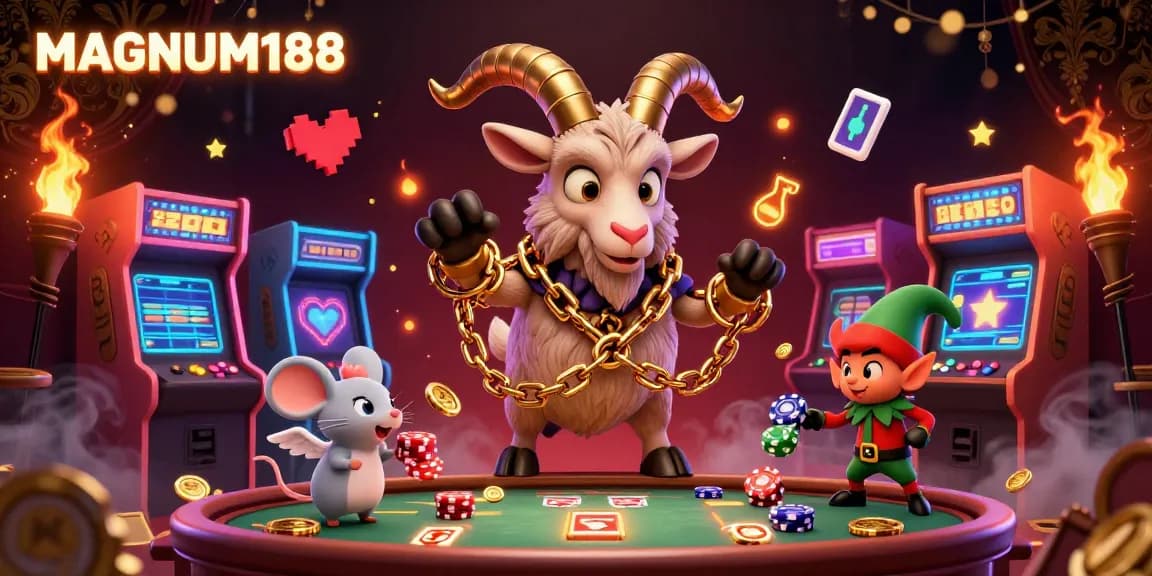 Experience the excitement with MAGNUM188 in a lively casino scene featuring festive characters and vibrant gaming elements.