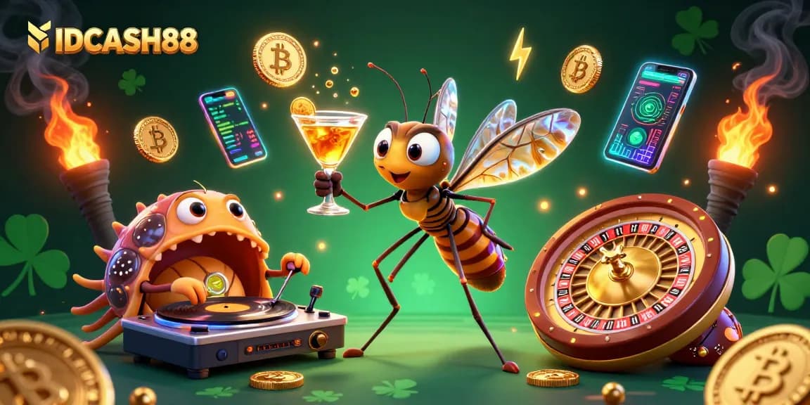 Experience the thrill at IDCASH88 with vibrant 3D illustrated casino characters and crypto elements.