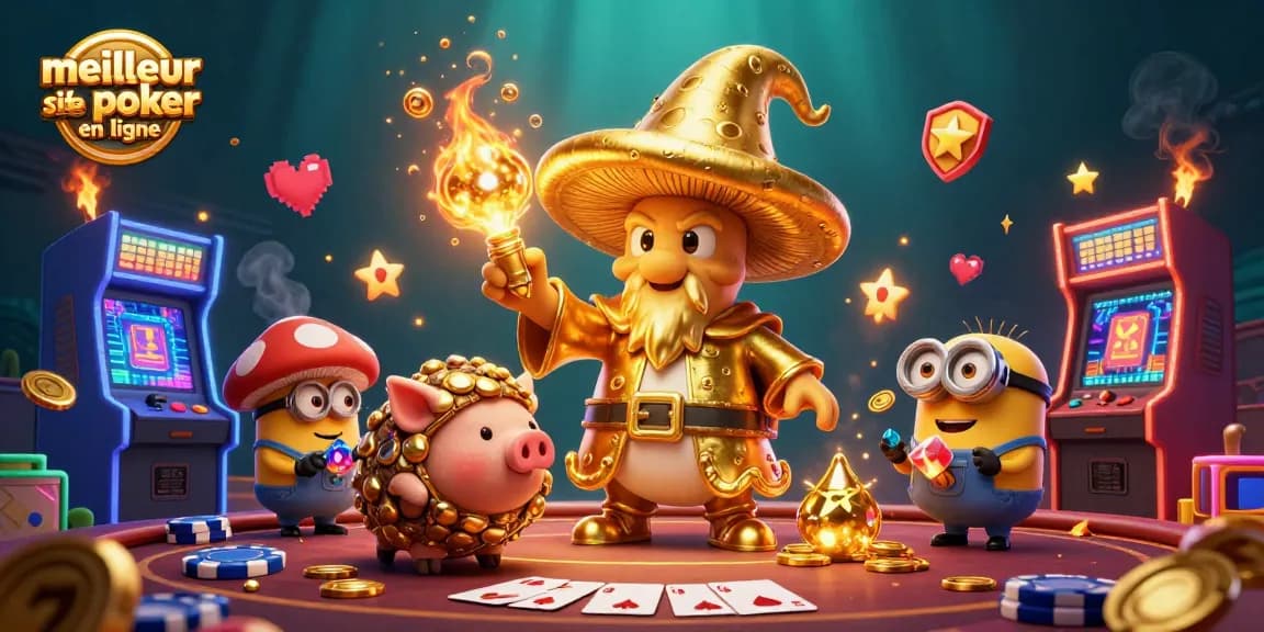 Jouer au poker en ligne sur le meilleur site de poker en ligne avec des symboles de poker et des personnages dynamiques.