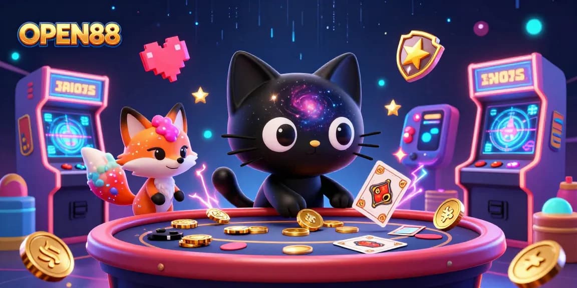 Engage in exciting gaming with OPEN88's 3D cosmic casino featuring a black hole cat and colorful gas fox.
