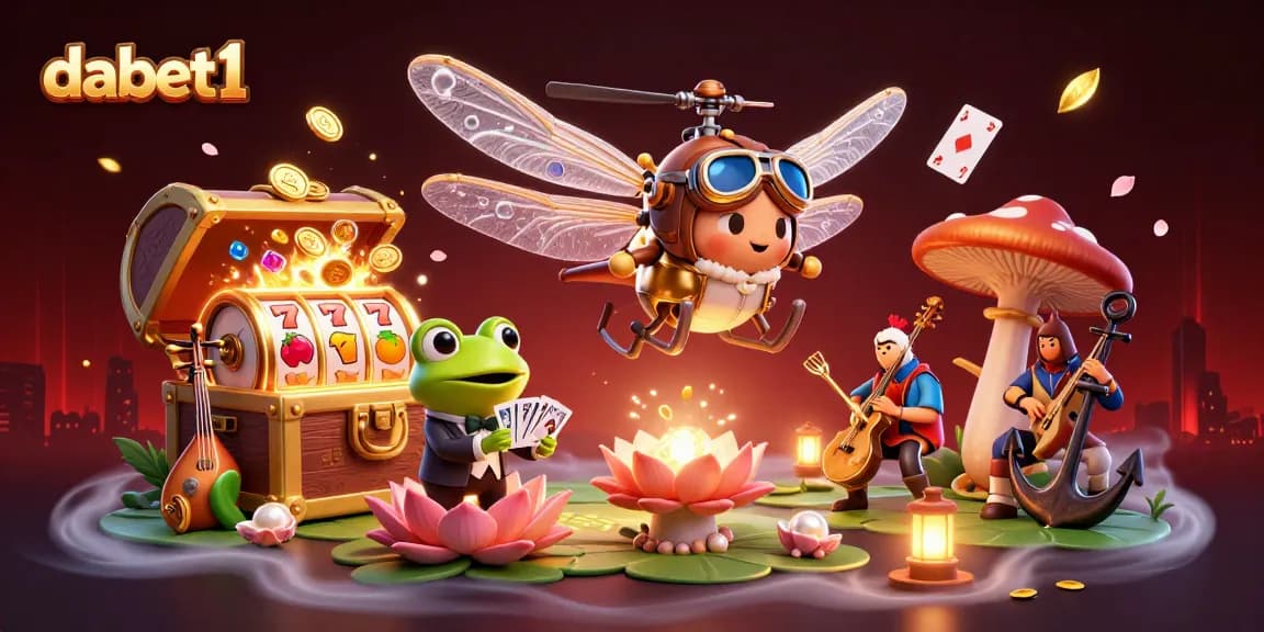 dabet1 showcases a vibrant lily pad casino scene with lively characters, slot game elements, and festive atmosphere.