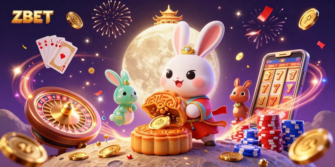 Experience ZBET's thrilling casino atmosphere with a cartoon moon rabbit and poker chips.
