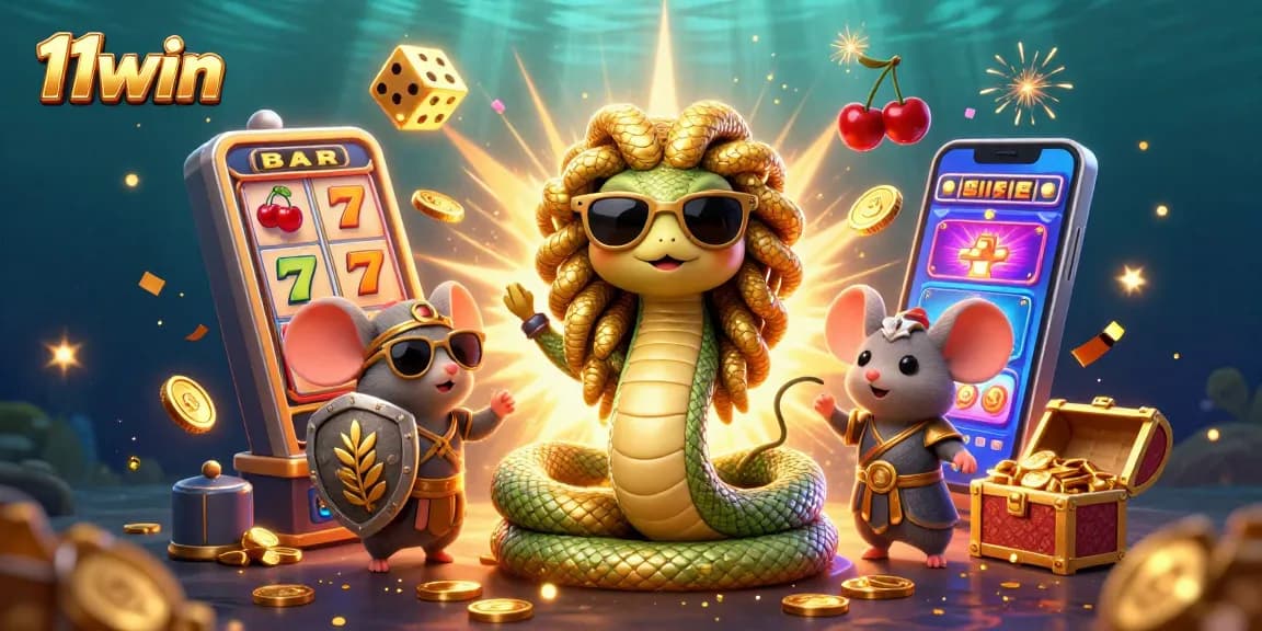 Experience the thrill of 11win with overflowing riches from a vibrant gaming scene featuring Medusa and a warrior mouse.