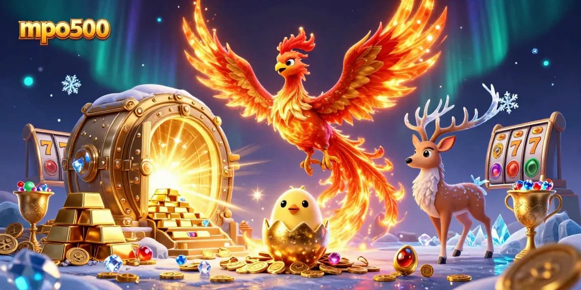 Play exciting games at mpo500 with vibrant phoenix and treasures in an engaging casino scene