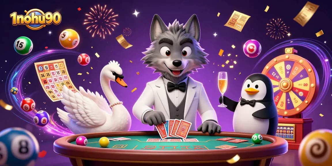 Experience exciting gambling action with 1nohu90 at a baccarat table featuring dynamic elements and festive celebrations.