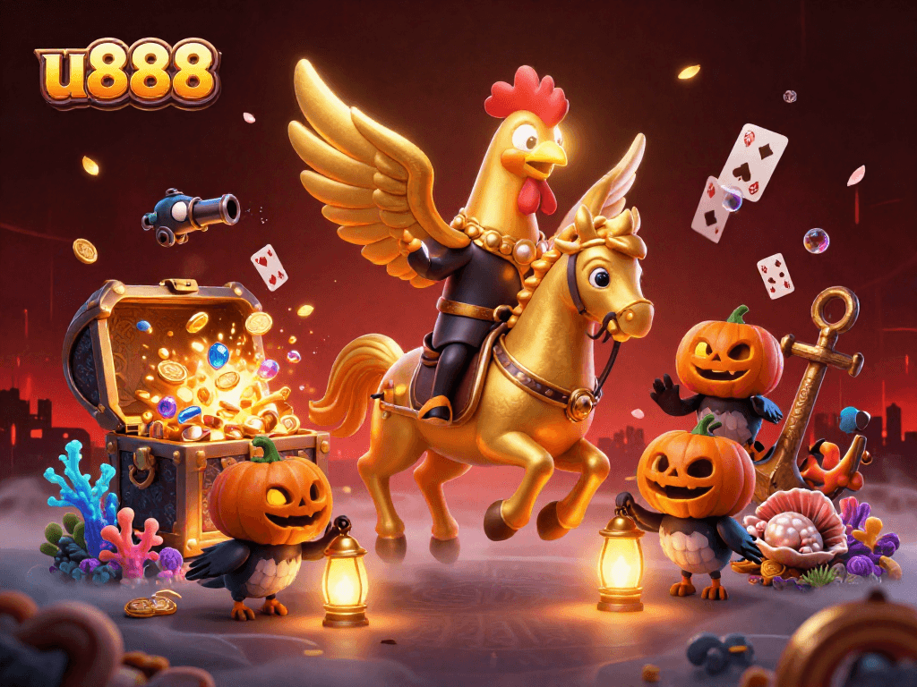 Join the thrilling adventure with u888's golden rooster in a vibrant casino scene filled with treasure and excitement.