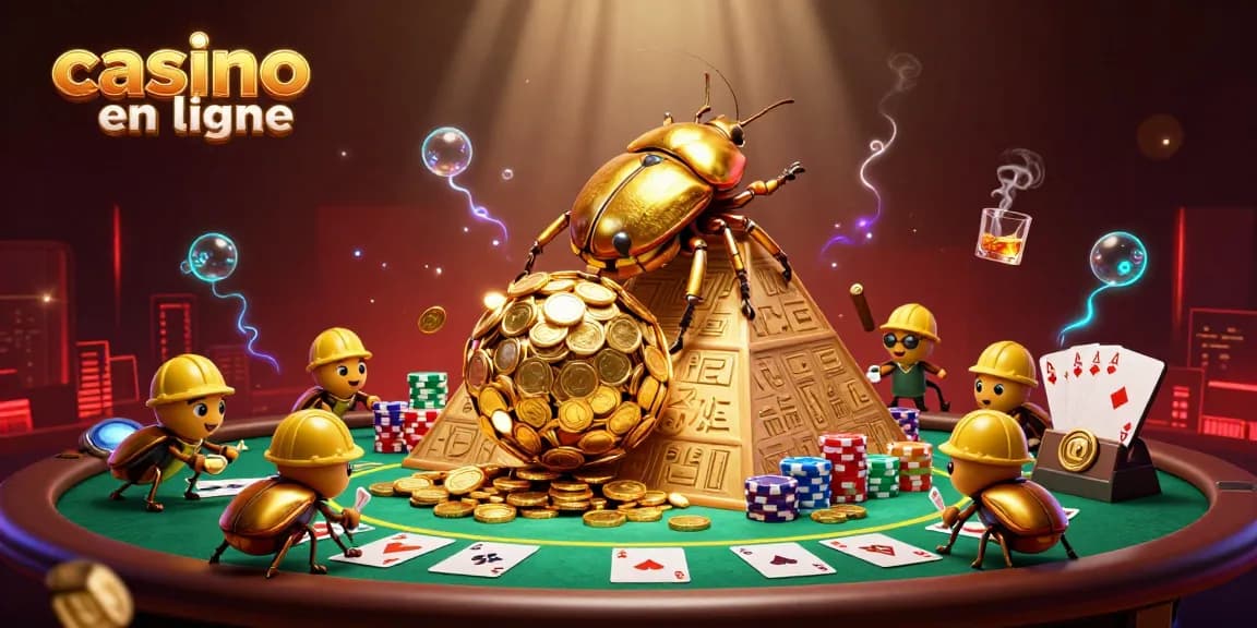 Casino en ligne : illustration d'une scène animée avec des insectes dorés et des jetons de poker.