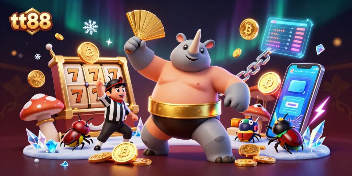 Experience the thrilling world of tt88 with a lively illustration of a sumo beetle champion amidst coins and gaming elements.