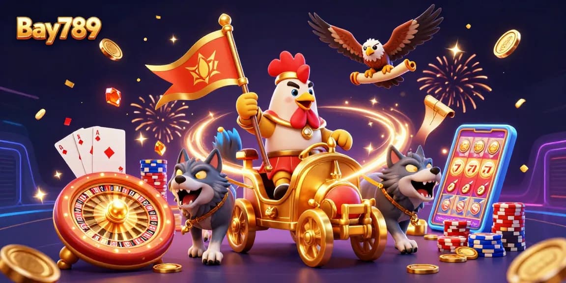 Embrace the thrill at Bay789 as the rooster warlord leads a festive gambling scene with golden coins and vibrant game elements.