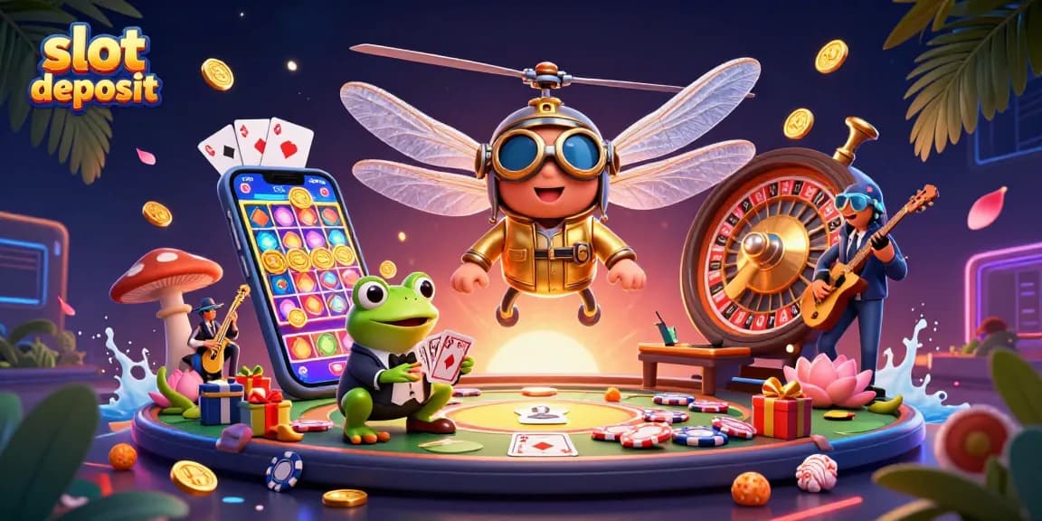 Slot deposit permainan menengah dengan karakter kasino 3D, petugas dan simbol keberuntungan.