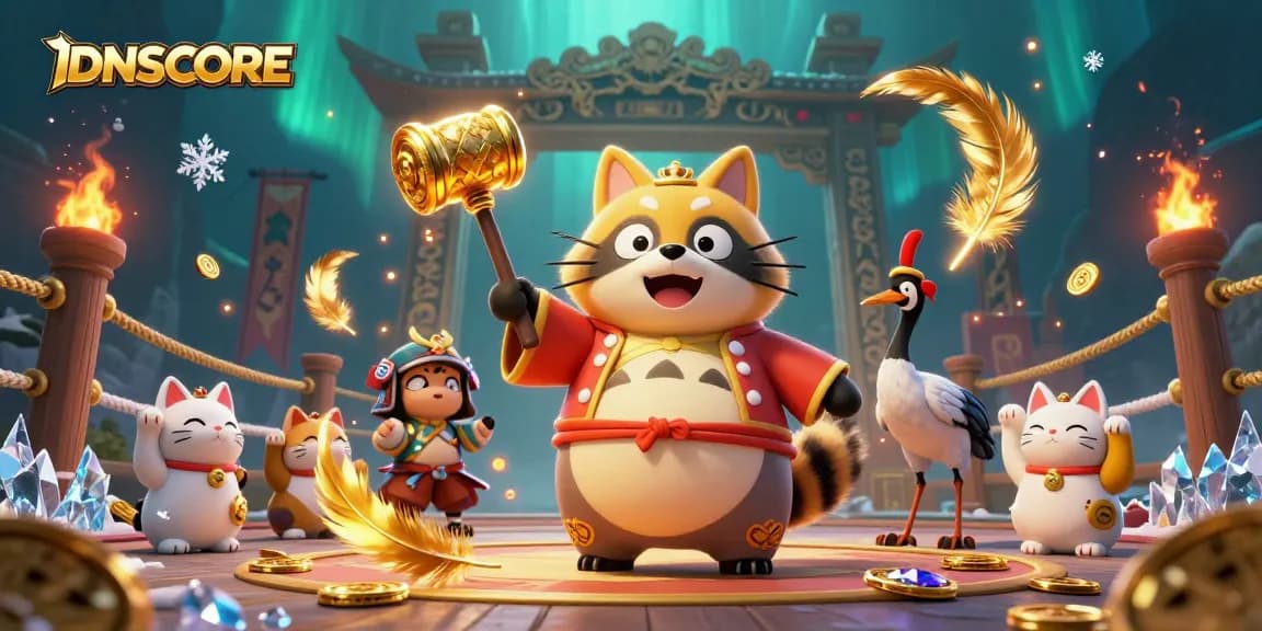 IDNSCORE gamifies luck through a cheerful tanuki and fortune cats in a vibrant online casino setting.