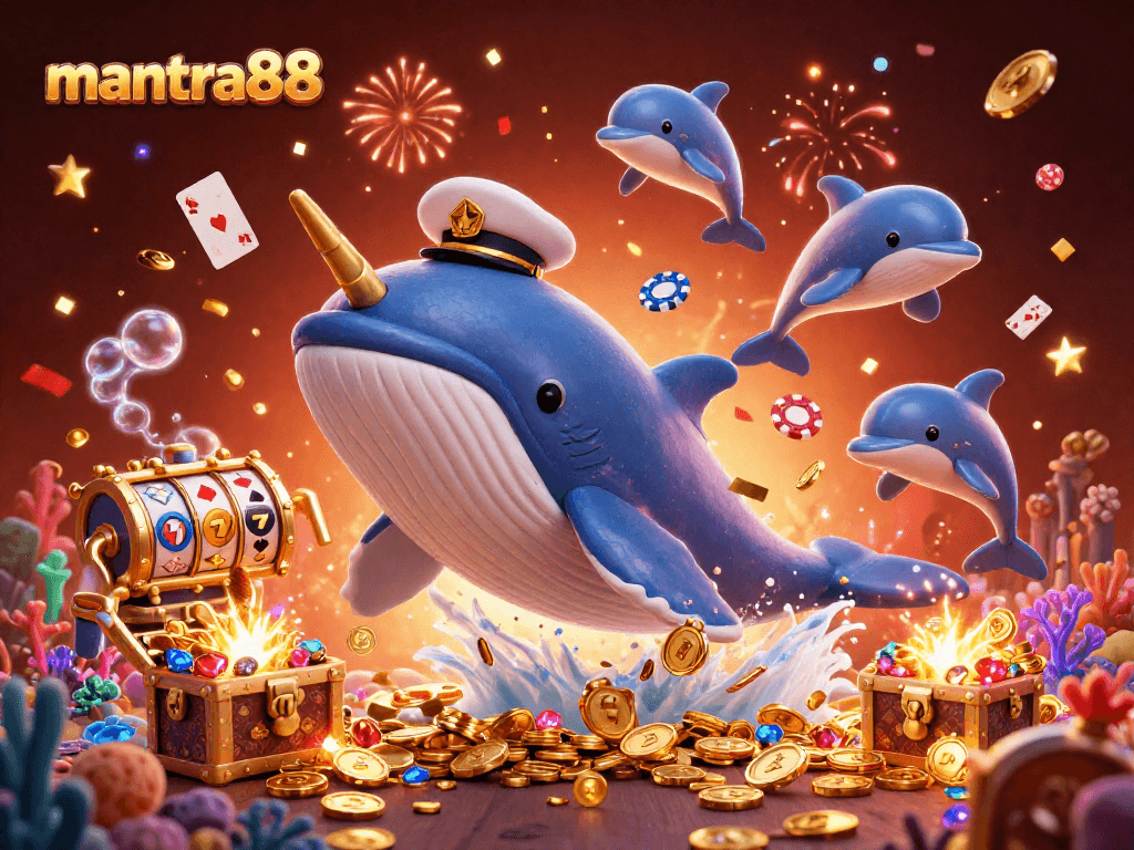 Win big at mantra88 with vibrant underwater casino illustration featuring whales and poker chips.