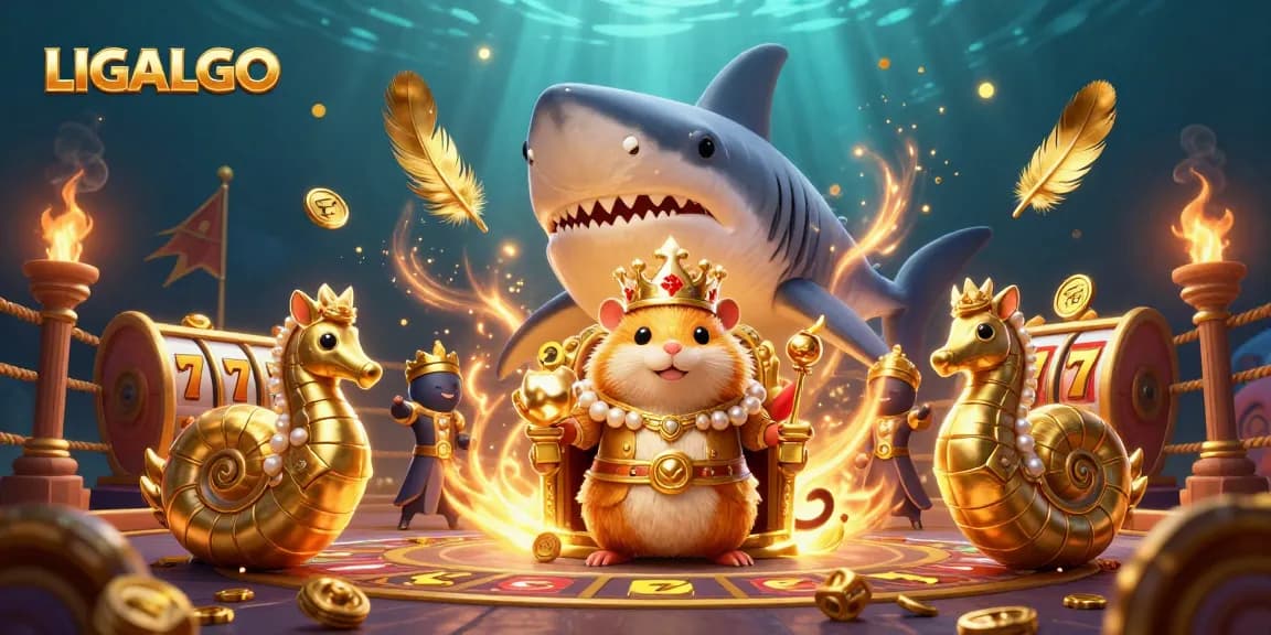 LIGALGO features a captivating 3D illustration of a golden hamster king and his royal guards in a dynamic casino setting.
