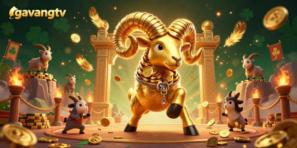 Experience exhilarating action in the gavangtv gaming arena with a vibrant golden ram charging through a dramatic backdrop.