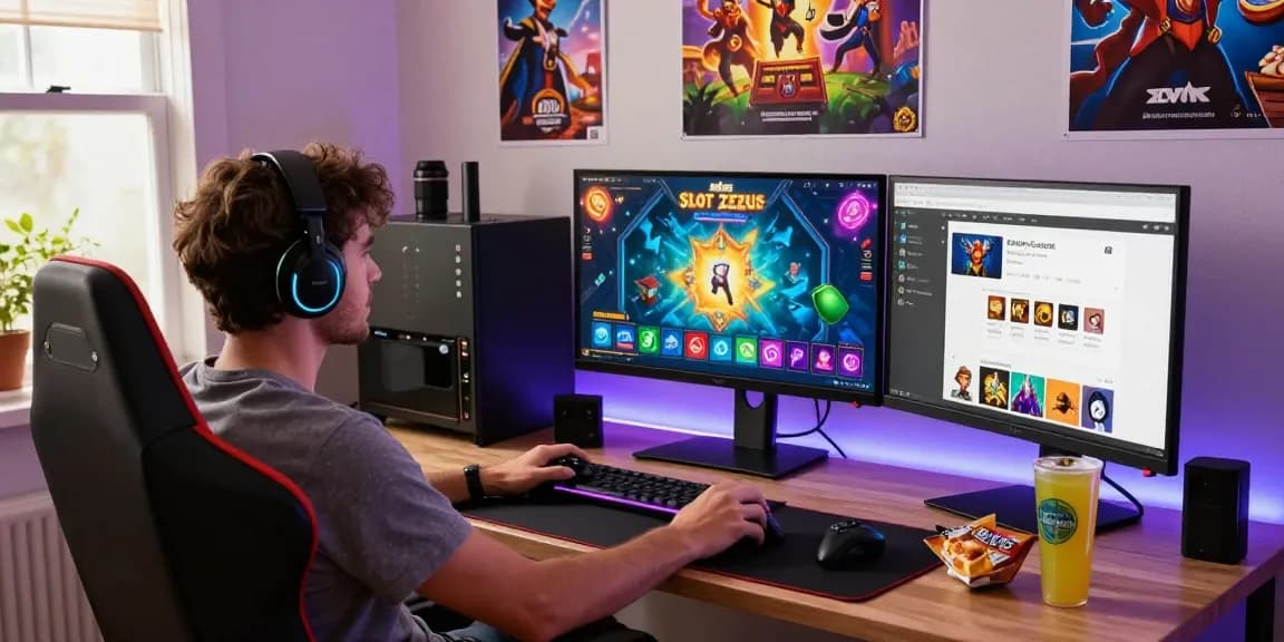 Player engaging with situs raja Slot Zeus game interface in a cozy home gaming setup, highlighting an immersive experience.