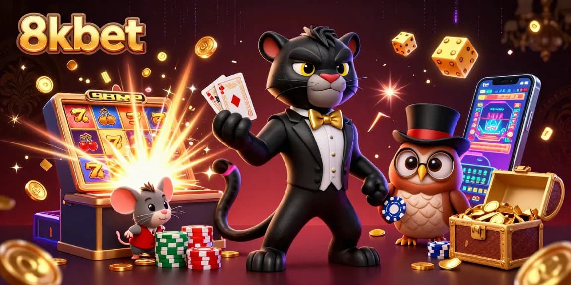 Experience thrilling wins with 8kbet's vibrant casino illustration featuring a tuxedo panther and lucky characters.