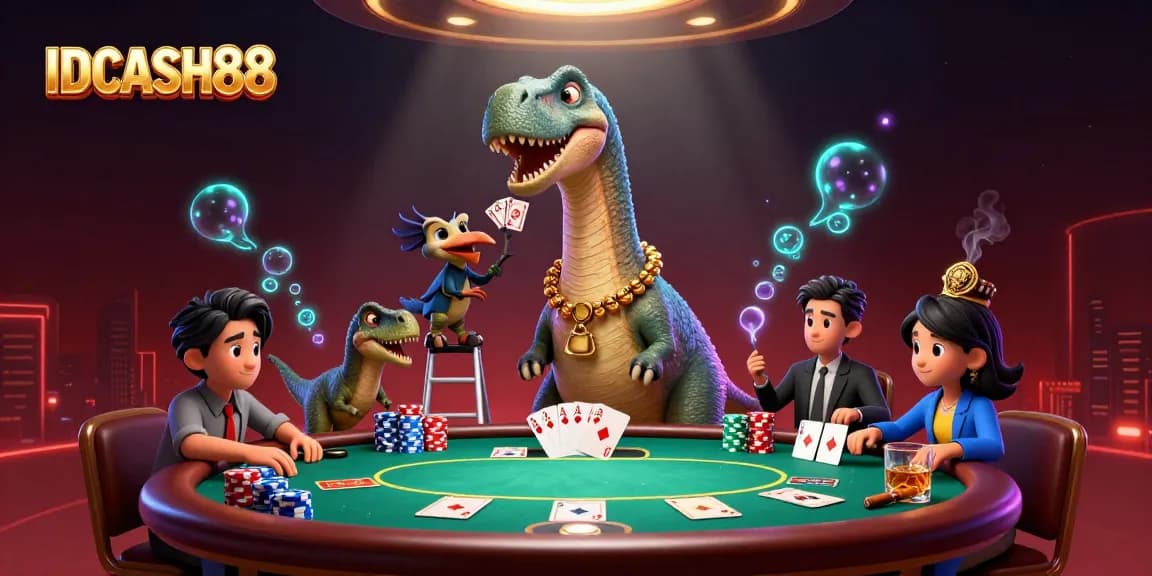 Engage in thrilling gameplay with IDCASH88 at a vibrant cartoon casino featuring dynamic poker action.