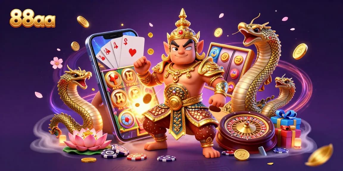 Experience thrilling gaming at 88aa with vibrant slot games and engaging characters in a mystical 3D scene.