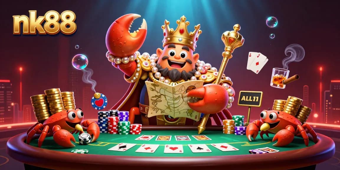 Experience nk88's vibrant casino adventure with a golden emperor crab and poker elements.