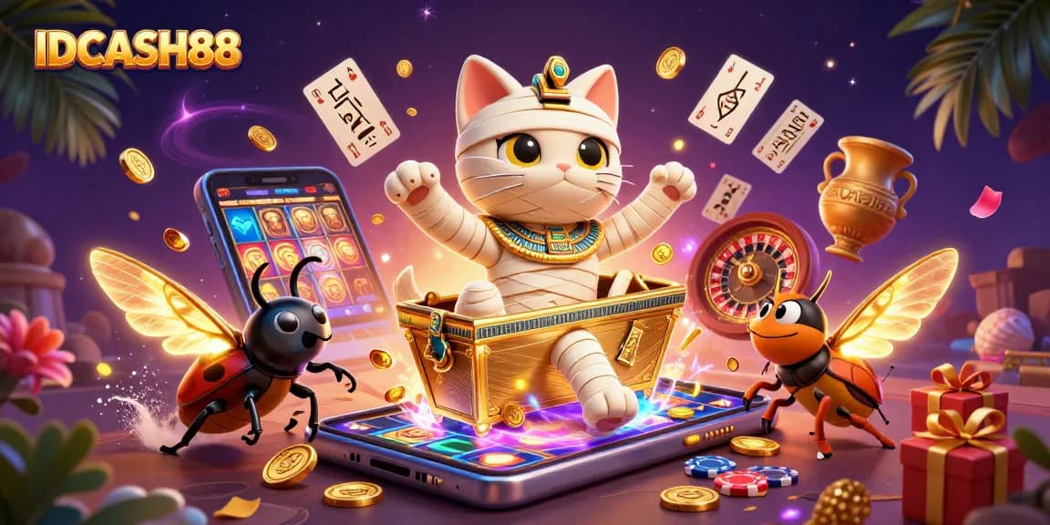 Spin the reels with IDCASH88 in a vibrant pyramid casino, featuring an Egyptian mummy cat and dynamic game elements.