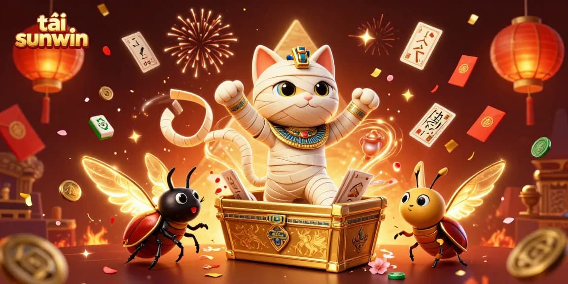 Engage with exciting slots by tải sunwin as a mummy cat bursts from a sarcophagus amidst festive elements.